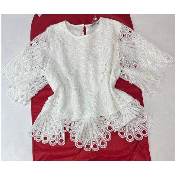 Periwinkle Tops - Fairy Scalloped Lace Shirt Bell Sleeves Vintage-Inspired Cottagecore Large White